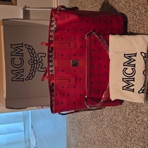 Authentic MCM red large shopper tote with pouch and huge dustbag